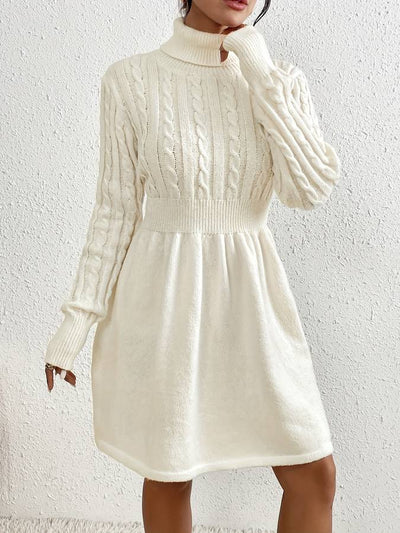 Women's Sweater Dress - Knitted Cable Knit - Turtleneck - Long Sleeve - Ribbed Waist