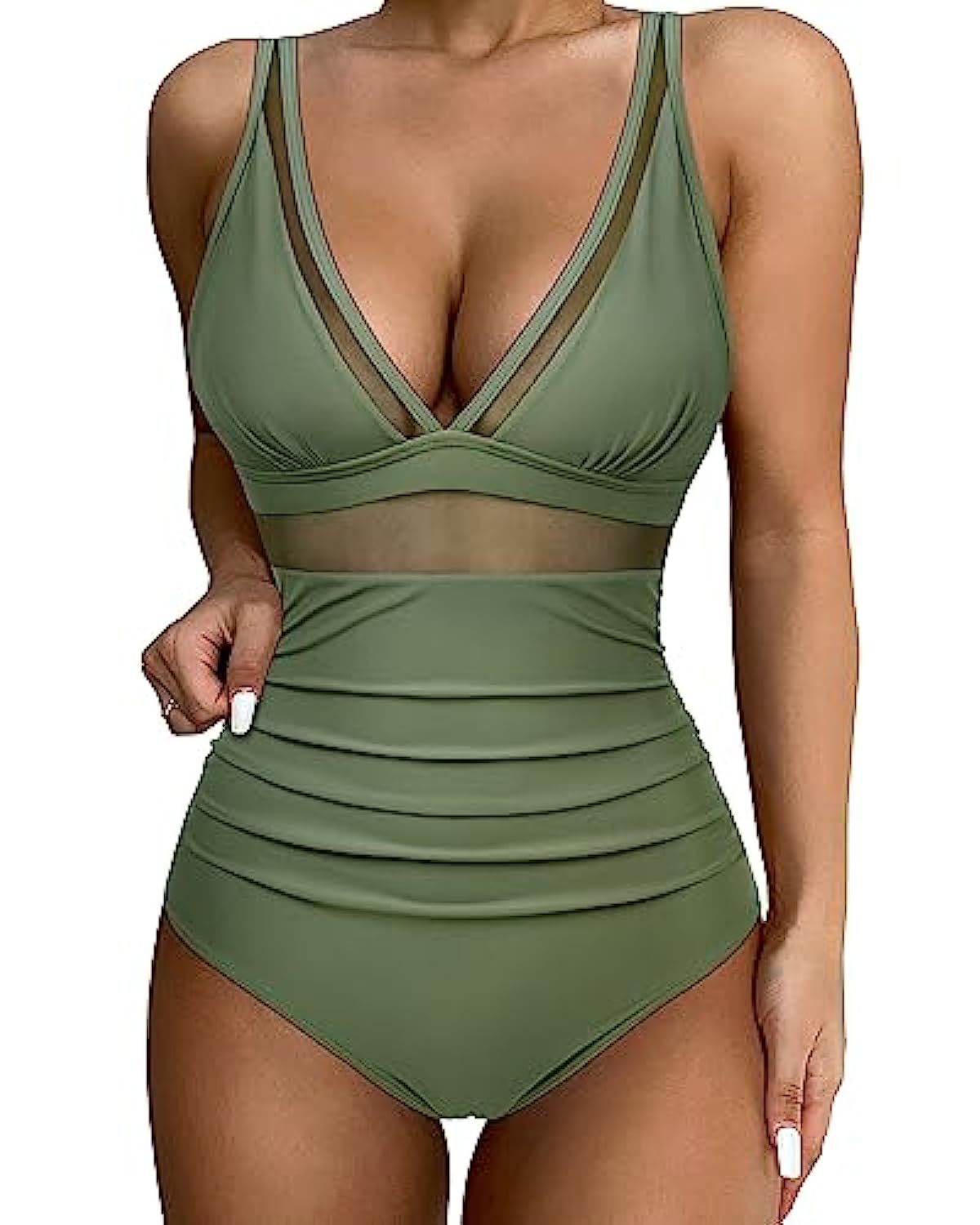 Women’s Swimsuit – Fitted One-Piece – Plunging Neckline – Mesh Panels – High-Cut Leg