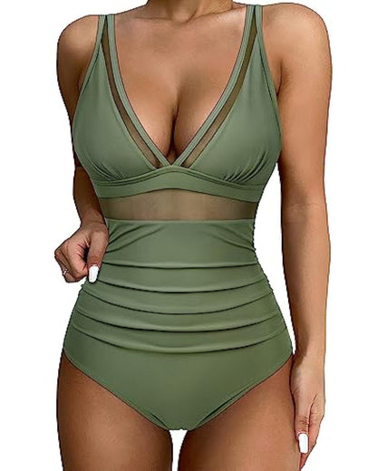 Women’s Swimsuit – Fitted One-Piece – Plunging Neckline – Mesh Panels – High-Cut Leg