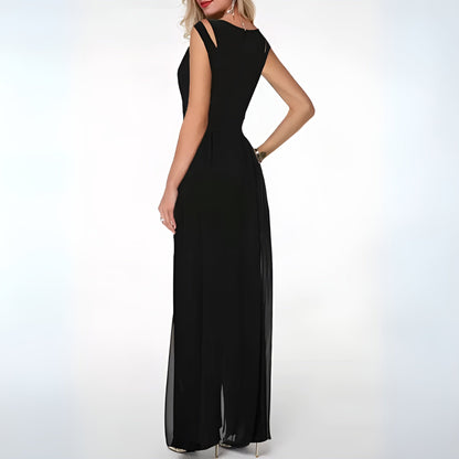 Women's Jumpsuit - Sleeveless Elegant Design - High Neck Cut-Out Detail - Wide-Leg Fit