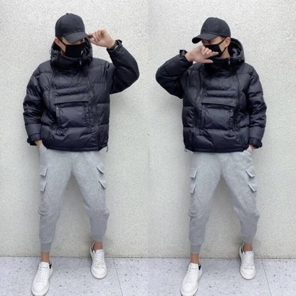 Men's jacket with diagonal zipper hood and drawstring