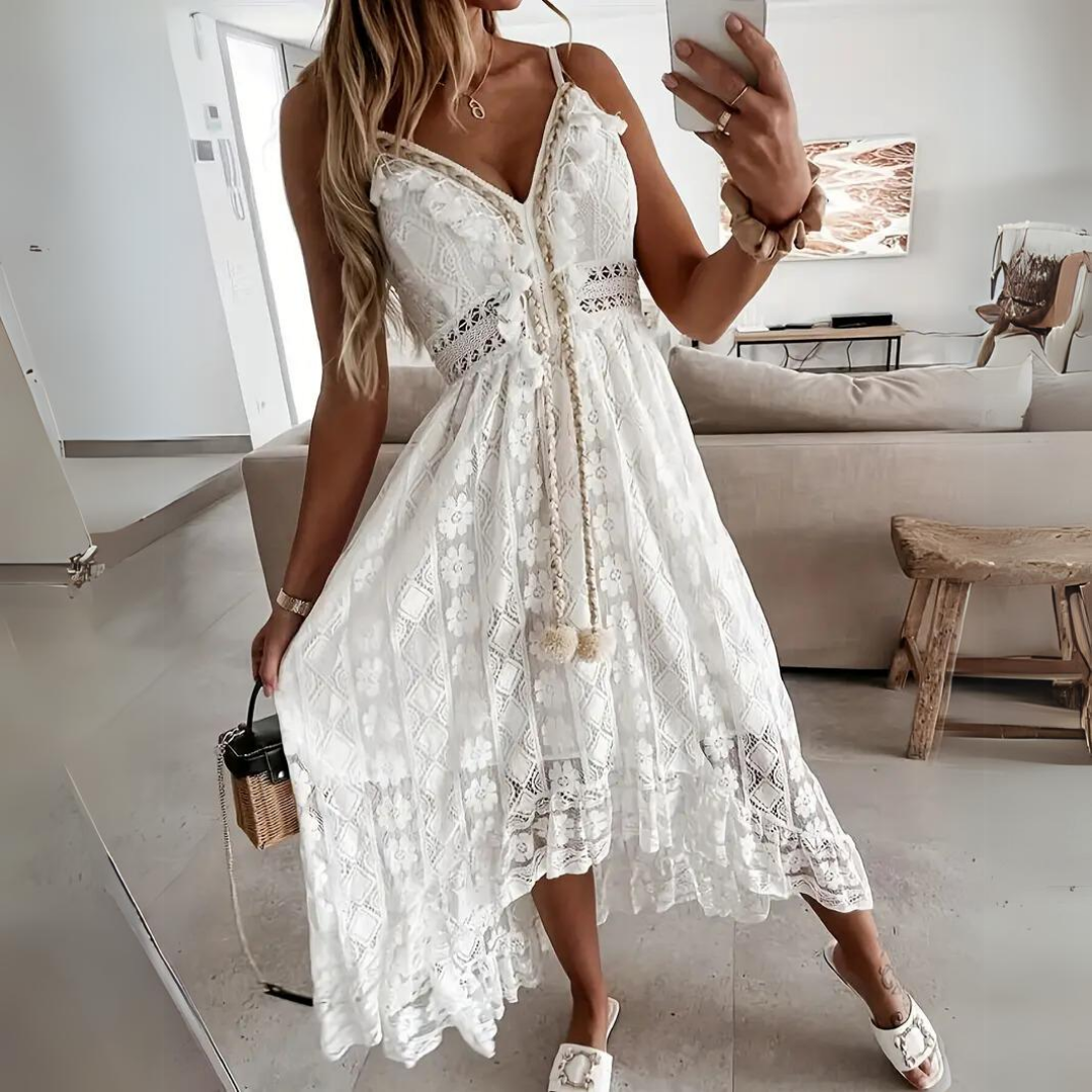 Women’s Midi Dress – Relaxed Fit – Lace Detail – V-Neck – Boho Style – Breathable Fabric