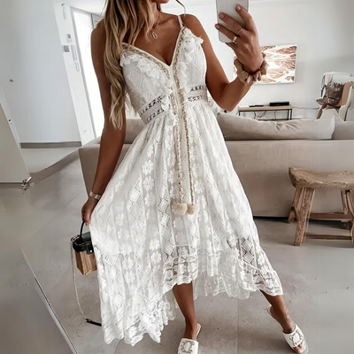Women’s Midi Dress – Relaxed Fit – Lace Detail – V-Neck – Boho Style – Breathable Fabric