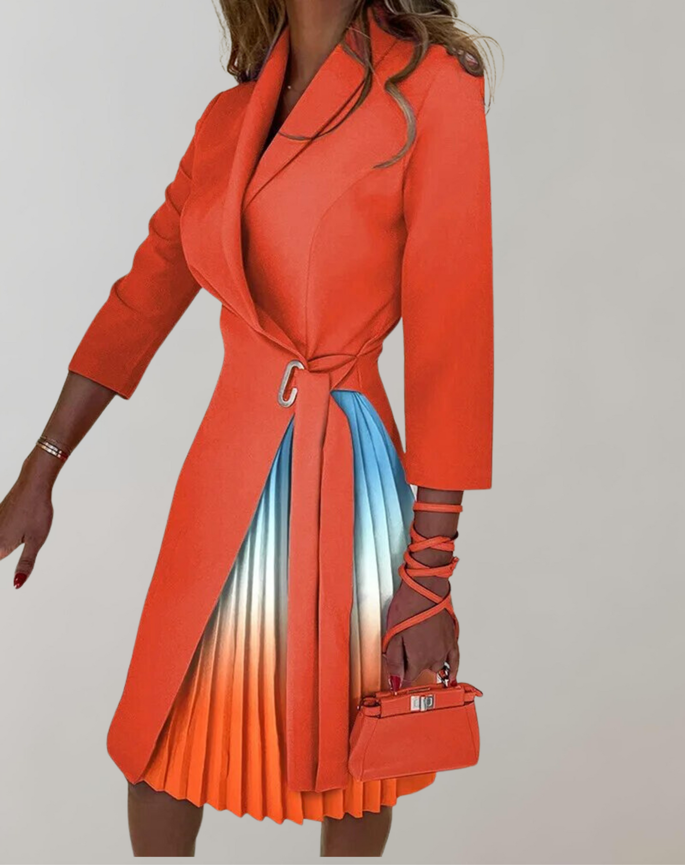 Women’s Midi Dress – Tailored Fit – Pleated Skirt – Notched Neck – Belted Waist – 3/4 Sleeve
