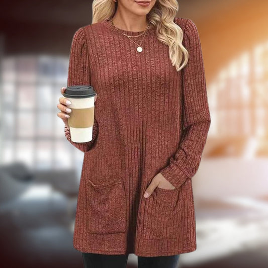 Women's medium length sweater with round neckline