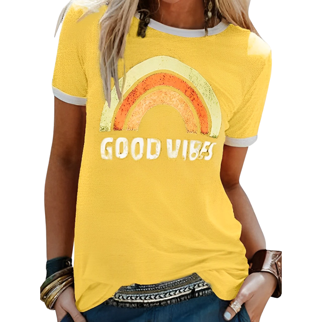 Women’s T-shirt – Relaxed Fit – Soft Knit – Ribbed Trim – Graphic Front Casual Wear