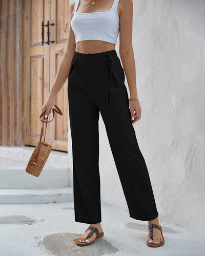 Women's Wide-Leg Trousers - High Waist - Tie-Up Waistband - Lightweight & Flattering