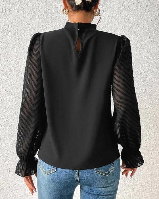 Women's High Neck Chiffon Blouse - Sheer Long Sleeves - Elegant Pleated Design