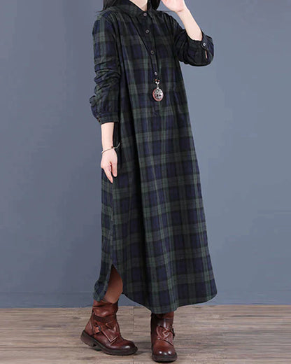 Women's Shirt Dress - Long Sleeve Plaid - Button Down Casual Elegant Fit