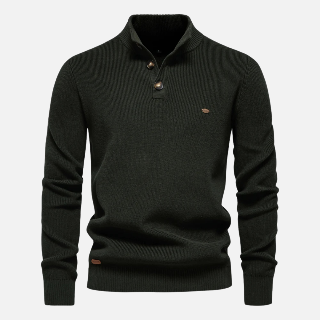 Men’s Turtleneck Sweater – Wool Blend – Slim Fit – Ribbed Knit with Button Placket