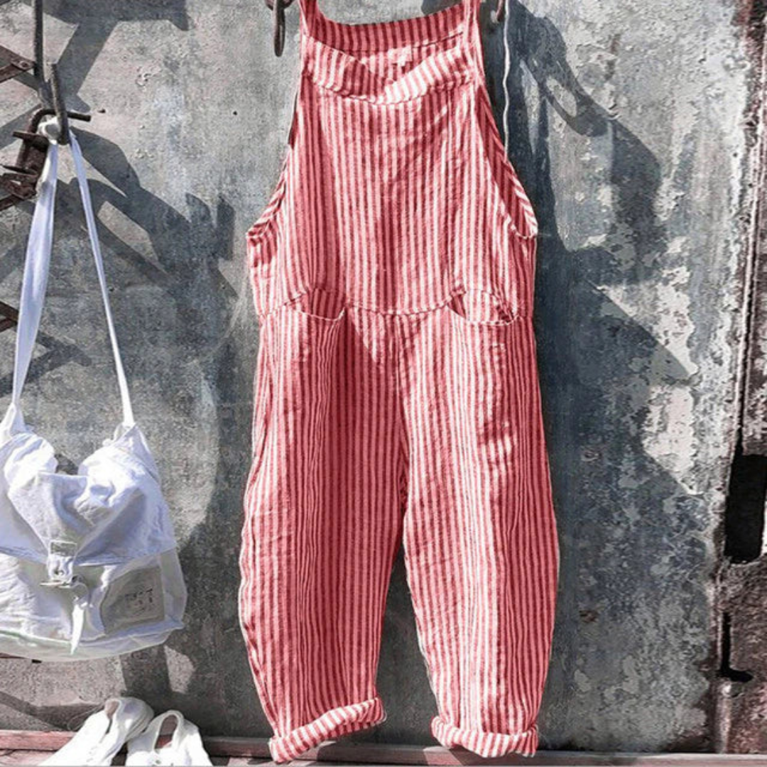 Women’s Jumpsuit – Relaxed Fit – Sleeveless – Wide Leg – Natural Fibers – Gingham Print