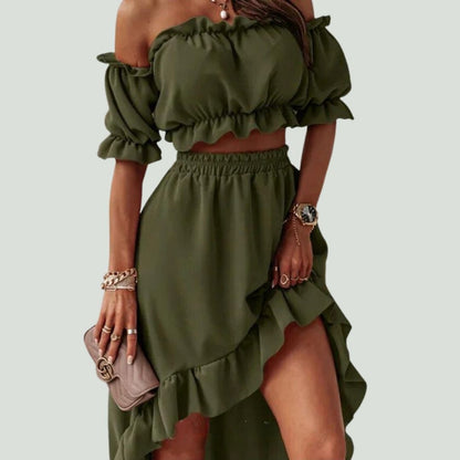 Women's Off-Shoulder Two-Piece Set - Crop Top & High-Low Ruffle Maxi Skirt - Elegant Fit