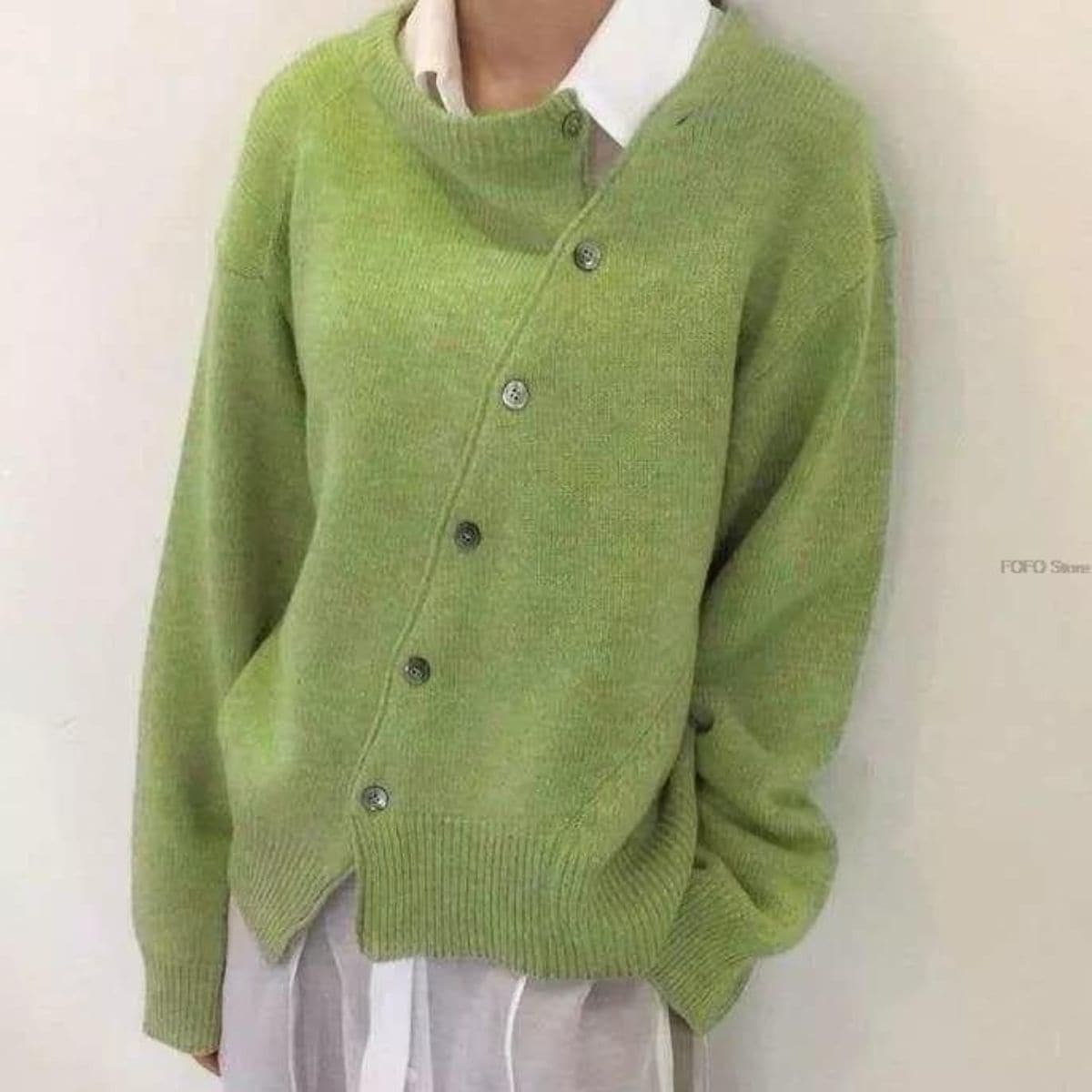 Women’s Sweater – Oversized Fit – Wool Blend Knit – Asymmetric Button Front – Ribbed Trim
