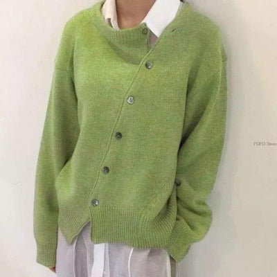Women’s Sweater – Oversized Fit – Wool Blend Knit – Asymmetric Button Front – Ribbed Trim