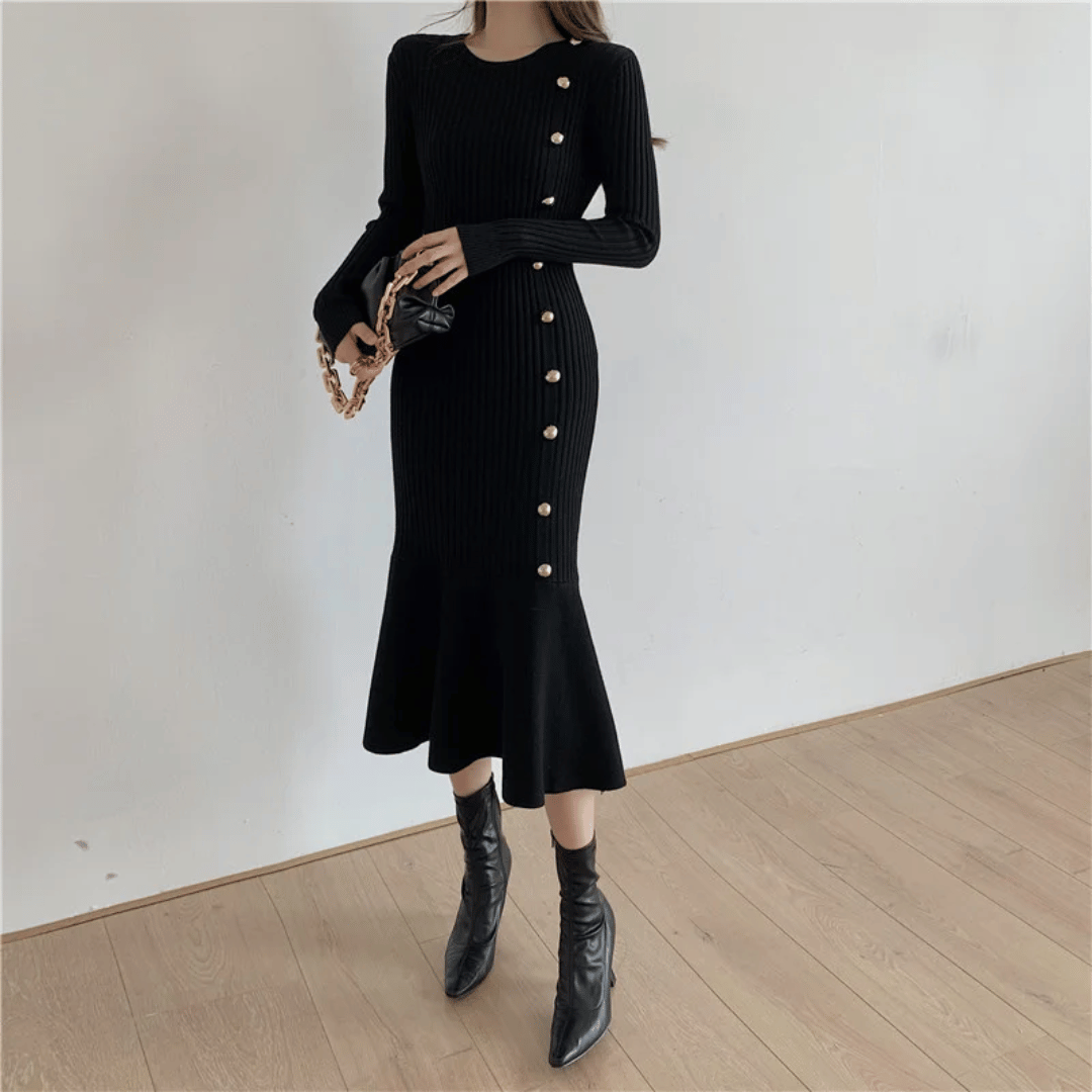 Women's Knit Midi Dress - Ribbed Texture - Long Sleeve - Button Detail - Mermaid Hem