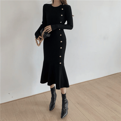 Women's Knit Midi Dress - Ribbed Texture - Long Sleeve - Button Detail - Mermaid Hem
