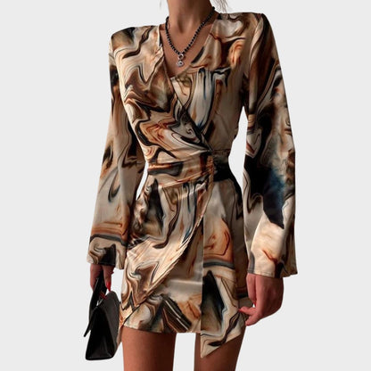 Women's Wrap Dress - V-Neckline - Long Sleeve - Asymmetrical Hem - Text Print