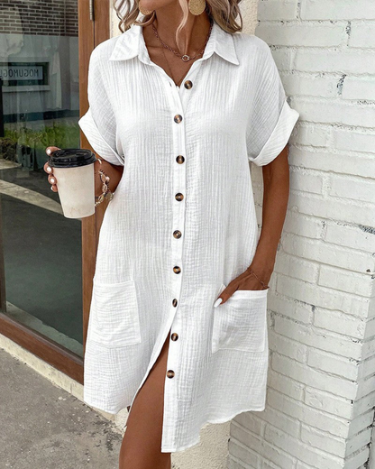 Women's Shirt Dress - Button-Up - Relaxed Fit - Knee-Length - Short Sleeve Cotton Blend