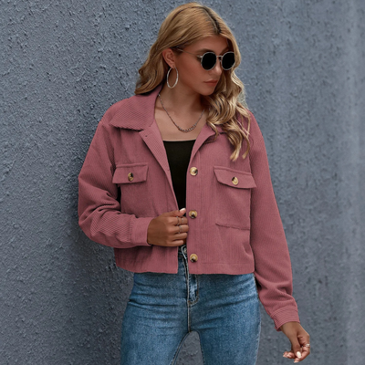 Women's Corduroy Jacket - Cropped Relaxed Fit - Button-Up Shirt Collar - Long Sleeve