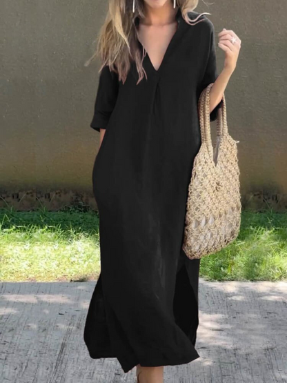 Women’s Maxi Dress – Relaxed Fit – V-Neck – Breathable Blend – Three-Quarter Sleeve