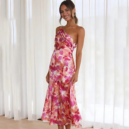 Women's One-Shoulder Dress - Satin-Like Fabric - Midi Length - Elegant A-Line Fit