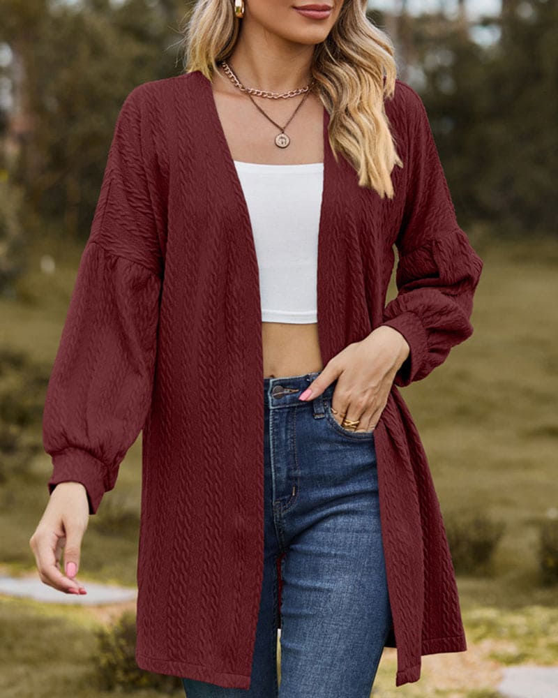 Women's stylish textured cardigan with lantern sleeves