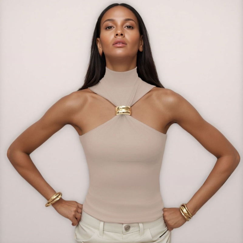 Women’s Tank Top – Slim Fit Halter – Mock Neck Soft Knit with Metal Ring Detail