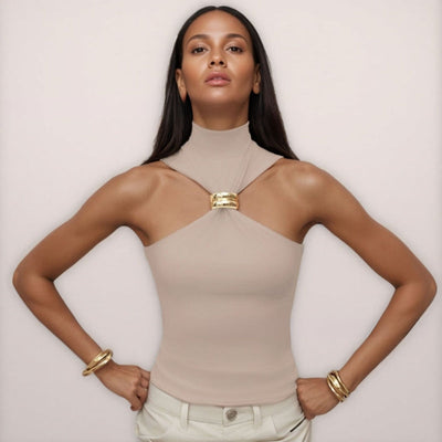 Women’s Tank Top – Slim Fit Halter – Mock Neck Soft Knit with Metal Ring Detail