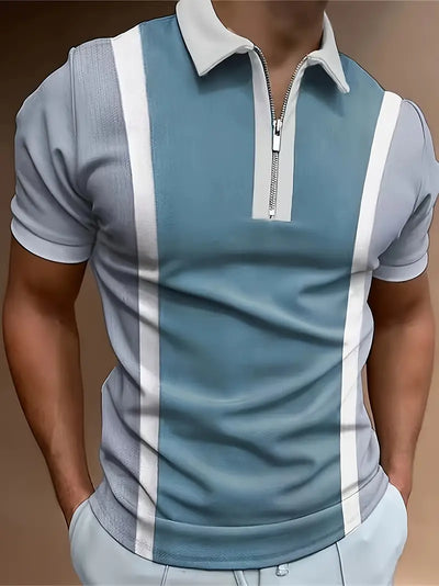 Men’s Polo Shirt - Fitted Cut - Zipper Closure - Contrast Stripe Detail - Short Sleeve