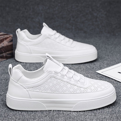 Men’s Leather Sneakers - Breathable Perforated Design - Cushioned Sole - Casual Wear