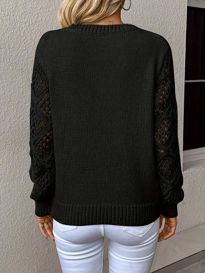 Women's Knit Sweater - V-Neck - Long Sleeve - Open-Knit Detailing - Relaxed Fit