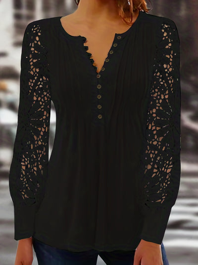 Women's Blouse - Long Lace Sleeves - Round Neck - Pintuck Detailing - Relaxed Fit