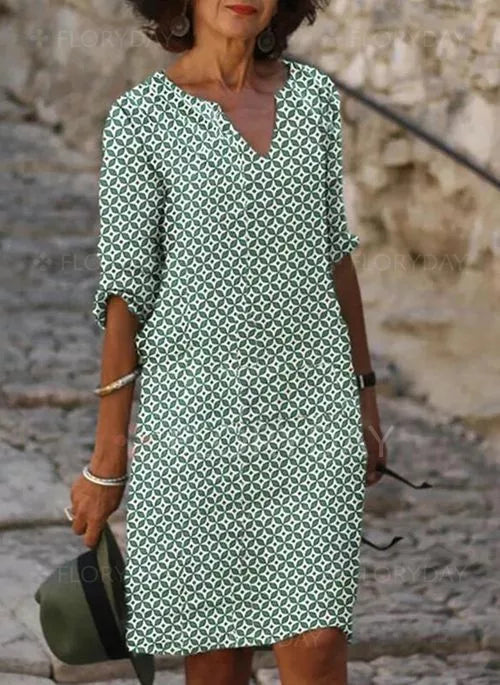 Women’s Knee-Length Dress – Loose Fit – V-Neck – 3/4 Sleeve – Breathable Blend – Geometric Print