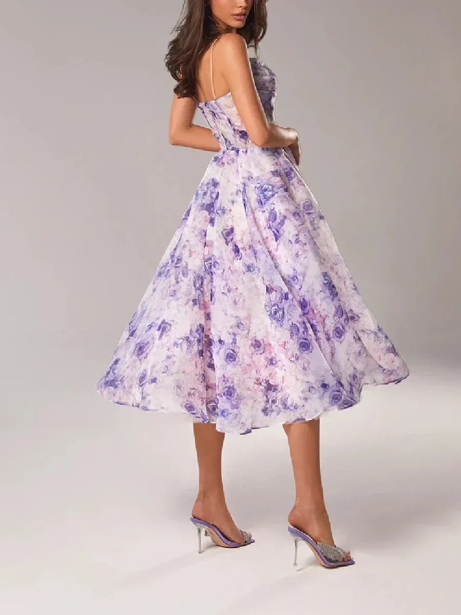 Women’s Midi Dress – Chiffon A-Line – Spaghetti Straps – Floral Print Elegant Fit
