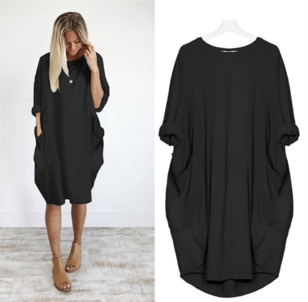 Women’s Midi Dress – Relaxed Fit – Breathable Blend – Round Neck – Side Pockets