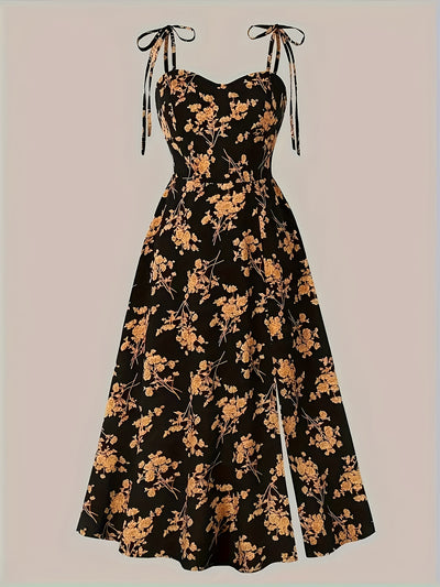 Floral print midi dress with tie straps for women
