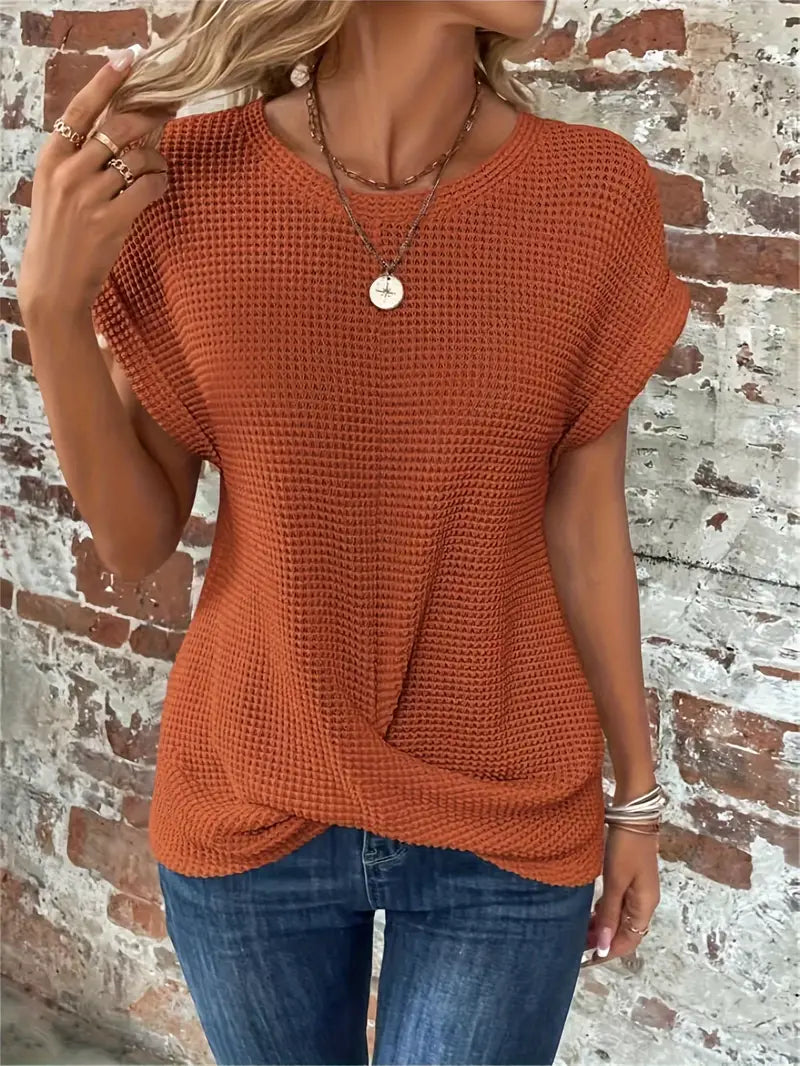 Women's Knit Top - Waffle Texture - Loose Fit - Round Neck - Breathable Casual Wear