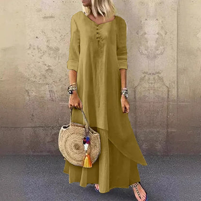 Women’s Midi Dress – Relaxed Fit – Natural Fibers – Asymmetrical Hem – 3/4 Sleeve