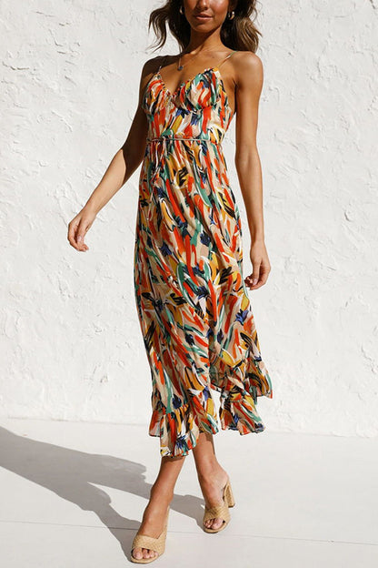 Women's Maxi Dress - Flowing Fit - Spaghetti Straps - Empire Waist - V-Neck Elegant Style