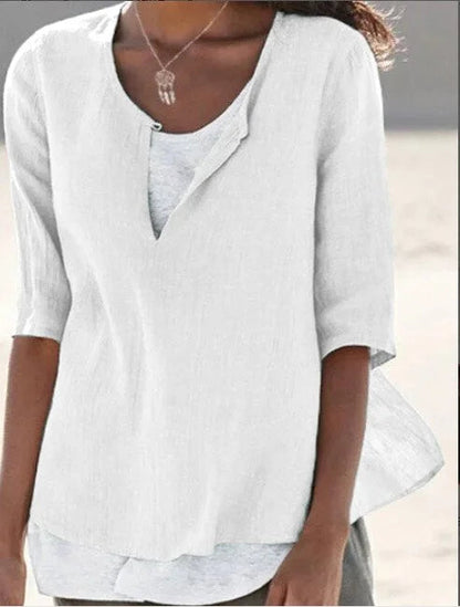 Women’s Blouse – Relaxed Fit – Layered V-Neck – Mid Sleeve – Breathable Blend