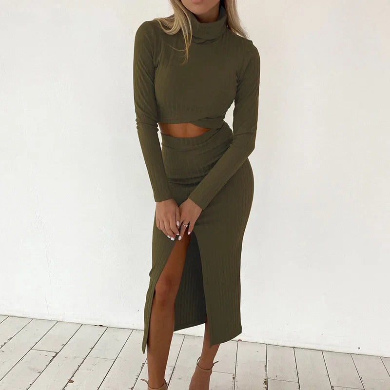 Women’s Ribbed Knit Two-Piece Set – Long-Sleeve Crop Top – High-Waisted Midi Skirt with Front Slit