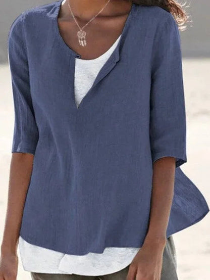 Women’s Blouse – Relaxed Fit – Layered V-Neck – Mid Sleeve – Breathable Blend