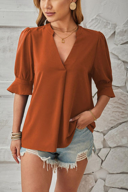 Women's Notched Neck Half Sleeve Blouse - Lightweight Casual Top