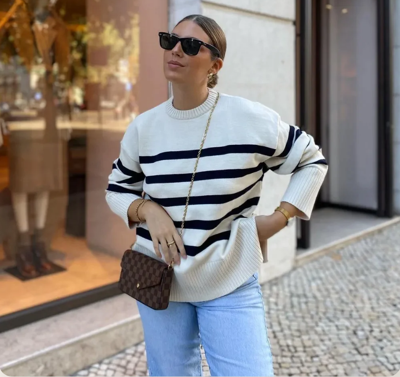 Women's color block stripe sweater with loose shoulder