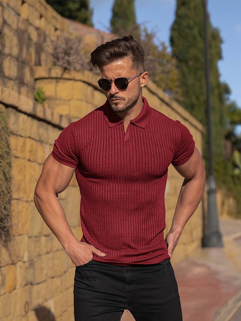 Men’s Polo Shirt – Muscle Fit – Ribbed Soft Knit – Short Sleeve Casual Wear