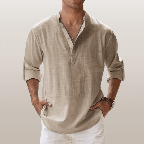 Men’s Henley Shirt - Linen Blend - Long Sleeve - Regular Fit Casual Wear