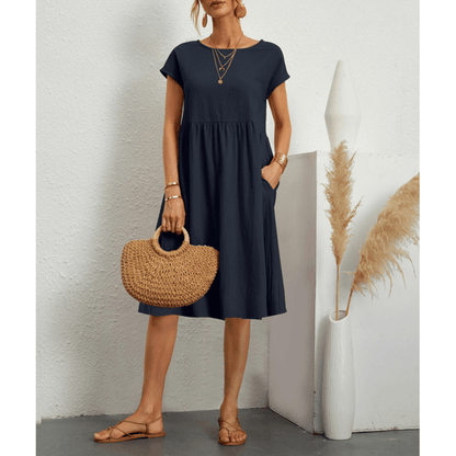 Women's Cotton Linen Short Sleeve Midi Dress