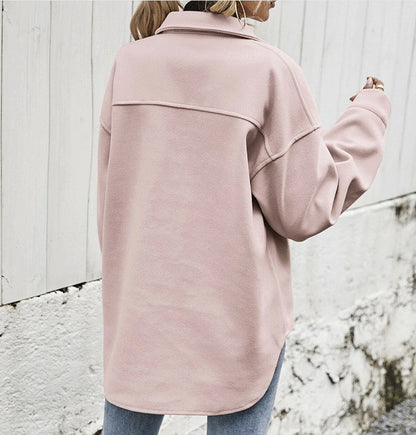 Women’s Oversized Jacket – Wool Blend – Button Front – Chest Flap Pockets – Dropped Shoulder