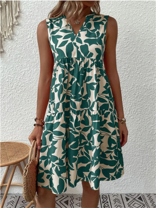 Women’s Sleeveless Dress – V-Neck – A-Line Fit – Tiered – Breathable Blend – Knee Length