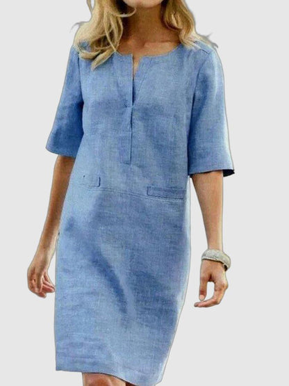 Women's Shift Dress - Cotton Linen Blend - Knee Length - Half Sleeve - V-Slit Neck